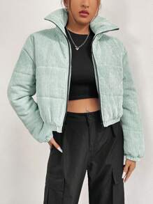 Chiquease Zip Up Corduroy Padded Padded Coat Clothes Winter Fall Cloth For Women - Green - View 3