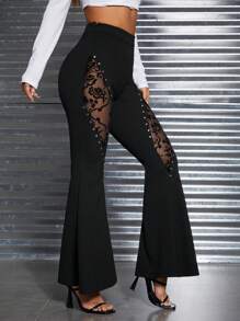 SHEIN PETITE Lưới tương phản Chi tiết đáng kinh ngạc Quần ống loe - màu đen - Xem 4