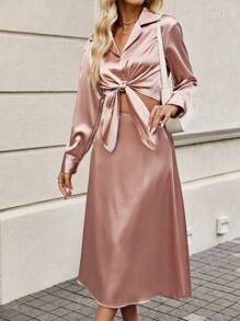 Chiquease Solid Knot Front Satin Shirt & Skirt Fall Cloth For Women - Coral Pink - View 3