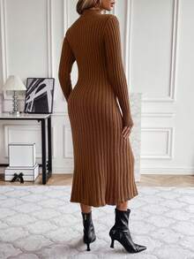 SHEIN Clasi Cổ giả Đồ đan Ribbed Đầm Áo len Không có thắt lưng - Cà phê nâu - Xem 3