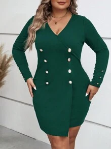 SHEIN Clasi Plus Button Detail Bodycon Dress - Dark Green - View 5
