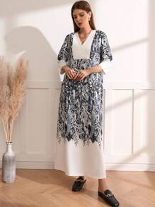 Al Najma Women's Printed V-neck Long Sleeve Dress - Black and White - View 6