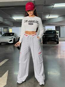 Muchica Letter Graphic Flap Pocket Side Drawstring Waist Sweatpants - Grey - View 5