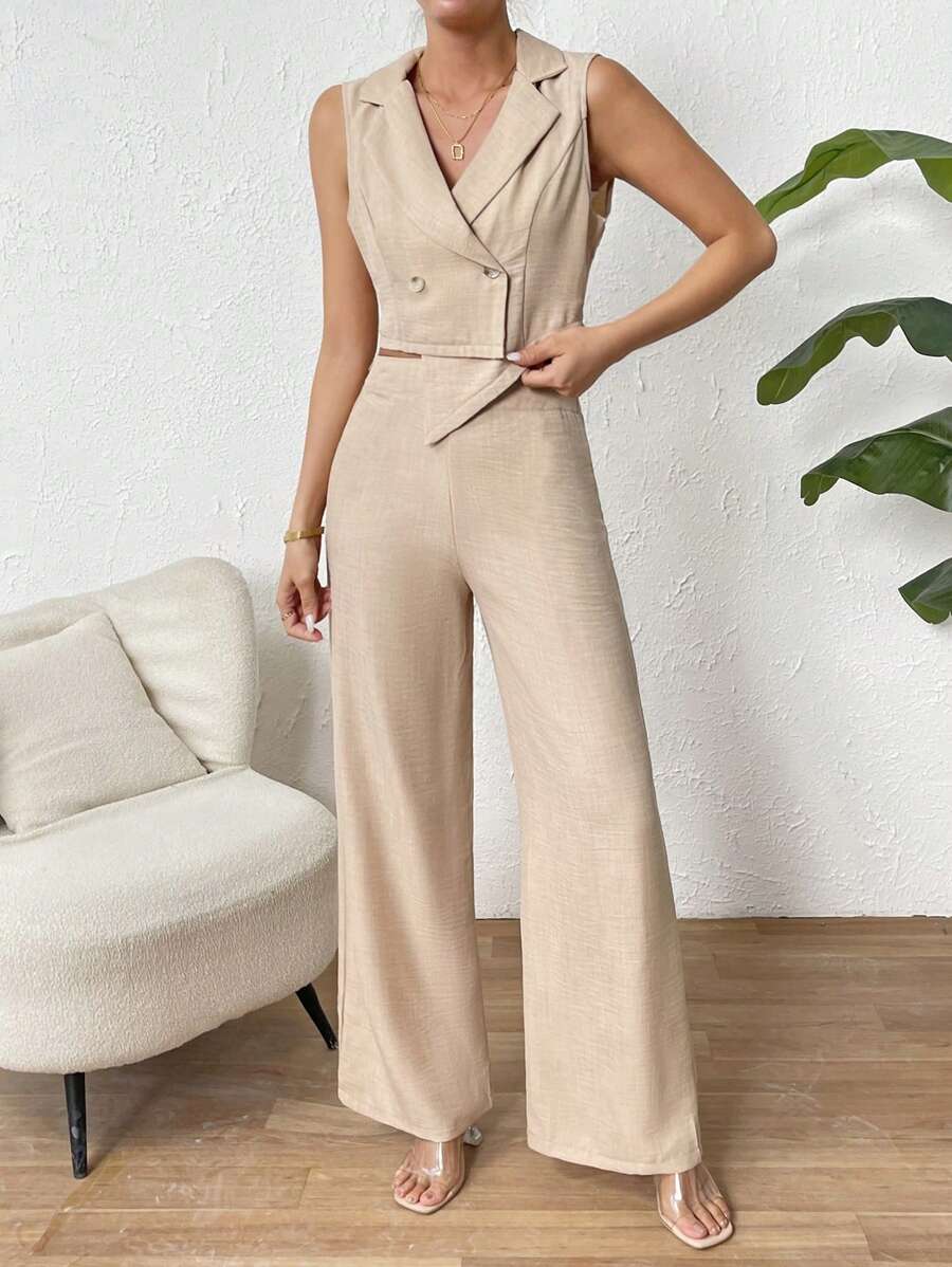 SHEIN Privé Đôi ngực Áo khoác Vest & Quần ống rộng - Màu Khaki - Xem 1