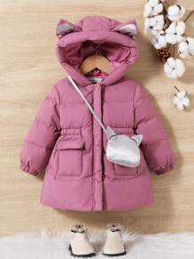 SHEIN Baby Girl 3D Ear Design Hooded Padded Coat With Bag - Purple - View 1