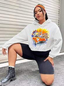 SHEIN EZwear 加大码汽车字母图案落肩抽绳卫衣 - 白色 - 查看 7