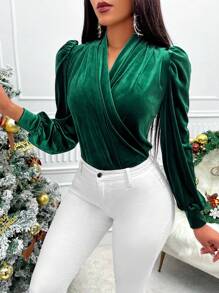 Zolique Surplice Neck Lantern Sleeve Velvet Blouse - Green - View 1