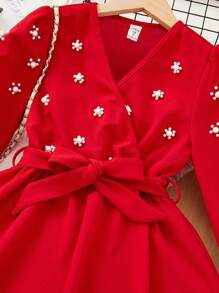 SHEIN Cô gái Tween Ngọc trai đính cườm tay áo lá sen Váy có thắt lưng - Đỏ - Xem 3