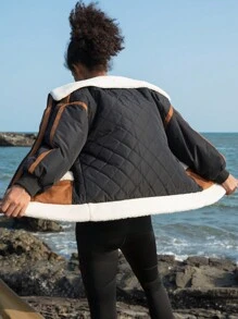 SHEIN Sports Chaqueta de plumón de color combinado con estampado de letra unido en contraste de hombros caídos exterior - Multicolor - Ver 2