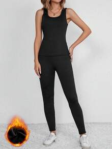 SHEIN Unity Solid Thermal Tank Top & Leggings - Black - View 6