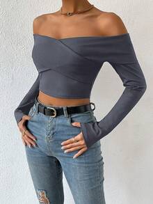 SHEIN Privé Off Shoulder Quấn chéo Top Cây trồng - Màu xanh lam - Xem 3