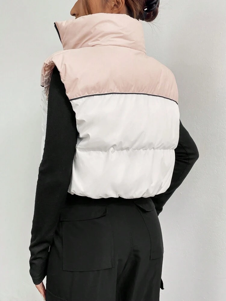 Colorblock Zip Up Casual Vest Winter Coat