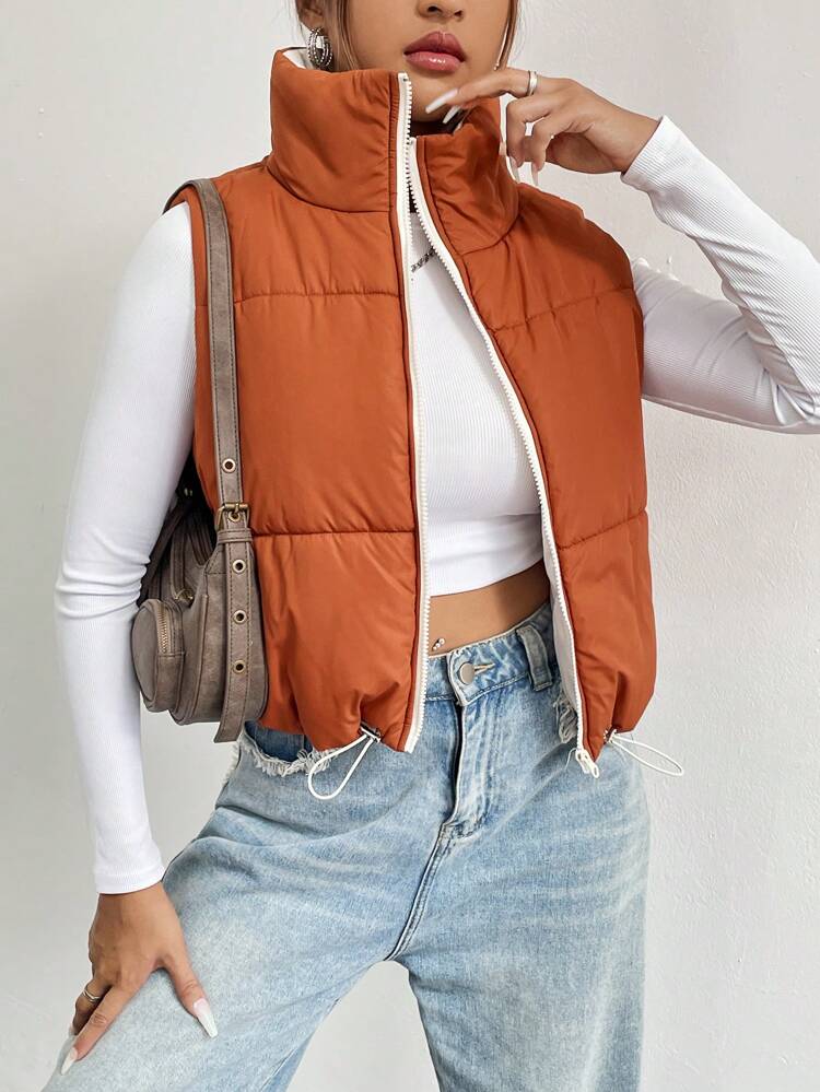 Drawstring Hem Zipper Vest Padded Padded Coat Clothes Winter