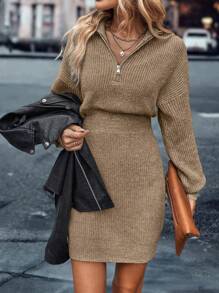 SHEIN Essnce Quarter Zip Drop Shoulder Sweater Dress - Camel - View 6