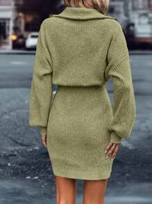 SHEIN Essnce Thả vai Khóa kéo một phần tư Đầm Áo len - màu xanh lá - Xem 2