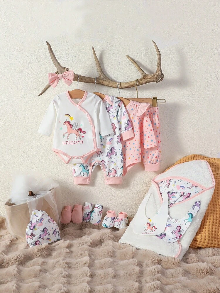 Baby Girl 2pcs Unicorn Print Bodysuit & Jumpsuit & Pants & Bibs & 1pair Socks & Headband & Hat Gift Set