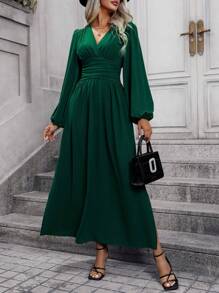 EMERY ROSE Lantern Sleeve Ruched Waist Split Thigh Dress Maxi Women Outfit Fall Cloth For Women - Dark Green - View 6