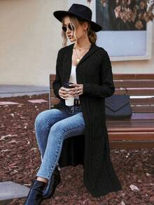 SHEIN Essnce Túi Kép Thả vai Dệt kim chấm bi áo có mũ Áo len Mở - màu đen - Xem 3