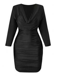 SHEIN Allurite Hơn cổ áo xếp nếp Xù Váy bodycon - màu đen - Xem 1