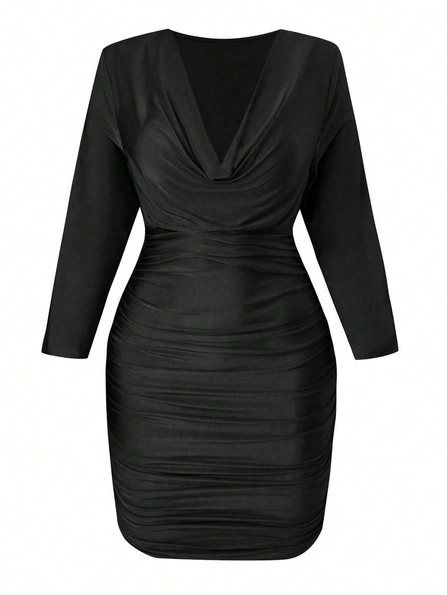 SHEIN Allurite Hơn cổ áo xếp nếp Xù Váy bodycon - màu đen - Xem 1