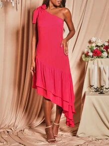 SHEIN One Shoulder Knot Detail Asymmetrical Ruffle Hem Dress - Red - View 5