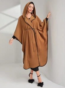 Modelyn 撞色滾邊蝙蝠袖連帽腰帶花呢外套 - 咖啡棕 - 查看 7