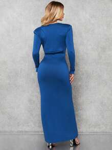SHEIN BAE Twist Front Plunging Neck Ruched Wrap Hem Bodycon Dress - Blue - View 2