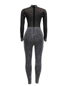 Fashion Women's Solid Color Mesh Sparkling Rhinestone Long Sleeve Pants Jumpsuit Festival Graduation Dress - Black - View 7