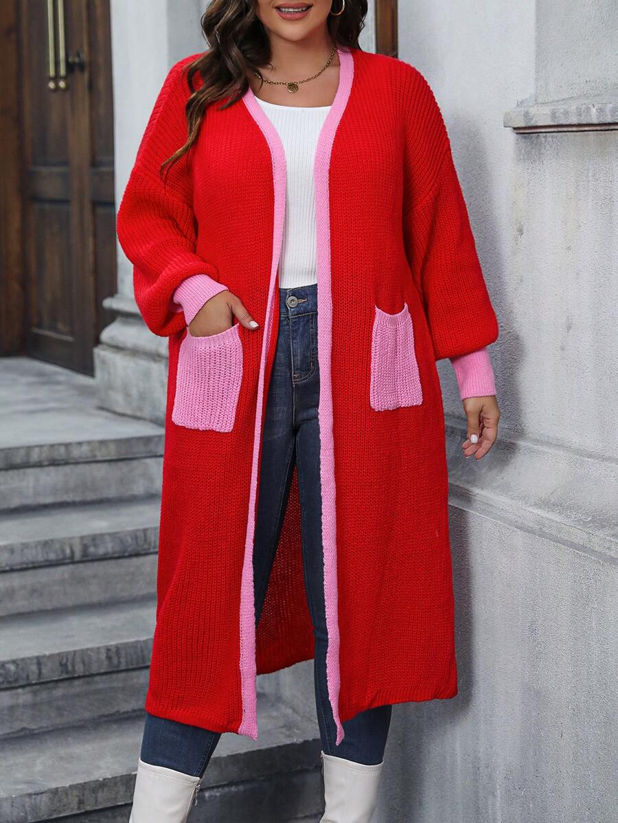 SHEIN Essnce Plus Size Contrast Trim Dual Pocket Drop Shoulder Cardigan