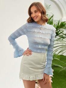Enchnt Flounce Sleeve Lace Trim Blouse - Blue - View 3