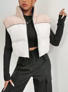 SHEIN Unity Colorblock Zip Up Casual Vest Winter Coat - White - View 1