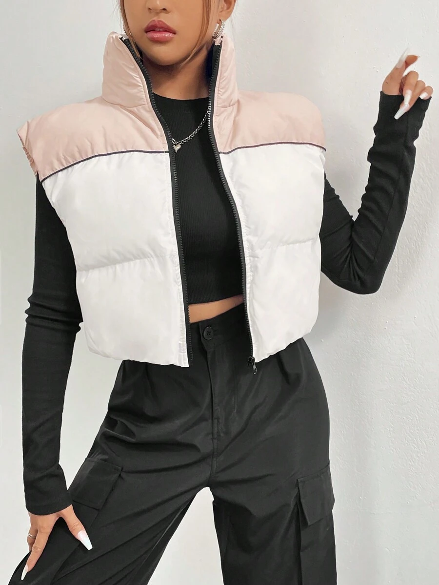 SHEIN Unity Colorblock Zip Up Casual Vest Winter Coat - White - View 1