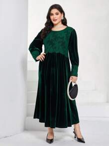 Al Najma Plus Floral Lace Insert Lantern Sleeve Dress - Dark Green - View 1