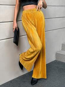 SHEIN Essnce Elastic Waist Wide Leg Pants - Gold - View 4