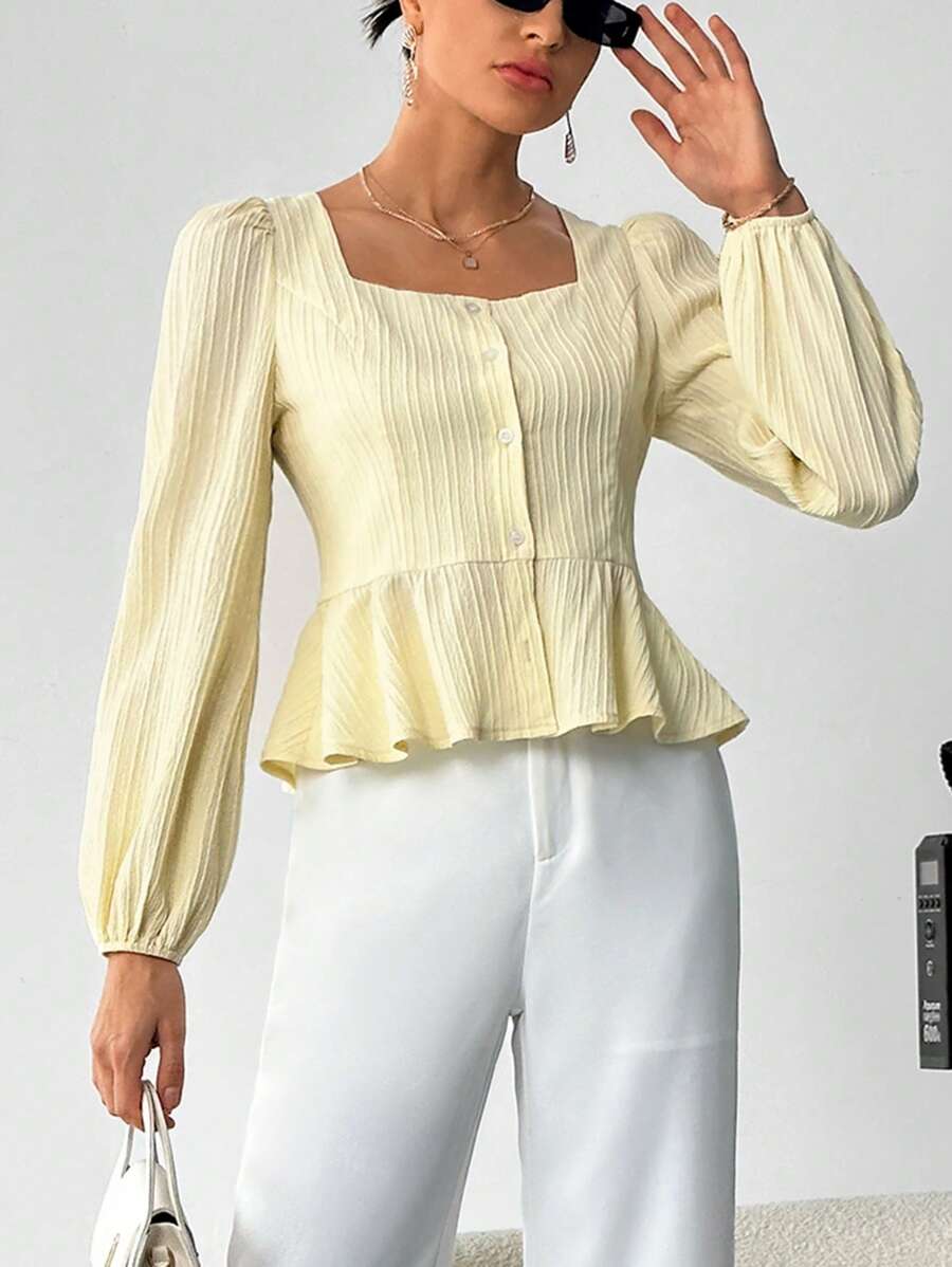 SHEIN Privé Square Neck Lantern Sleeve Peplum Blouse - Apricot - View 1