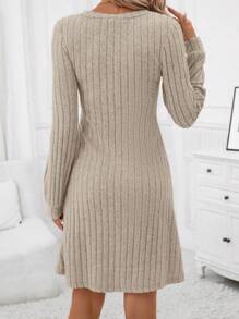 SHEIN Clasi Solid V Neck Ribbed Knit Dress - Apricot - View 2
