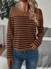 SHEIN Essnce Mẫu sọc Viền sò Nút Quay lại Áo len - Cà phê nâu - Xem 4