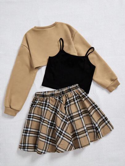 Cô gái Tween Chất rắn Cami ngọn & In kẻ sọc Váy & Siêu crop Áo chui đầu