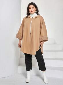 Mulvari 大碼毛茸茸袖口蝙蝠袖粗呢大衣 - 卡其色 - 查看 3