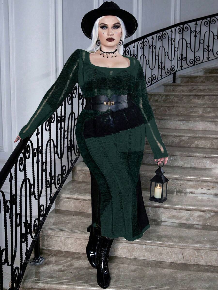 Calvaya Plus Square Neck Ripped Sweater Dress Without Belt - Dark Green - View 1