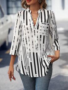 SHEIN LUNE Striped Print Roll Tab Sleeve Pocket Patched Blouse - White - View 3