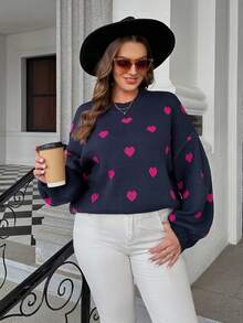 SHEIN LUNE 大碼愛心圖案落肩袖套頭毛衣 - 藏蓝色 - 查看 3