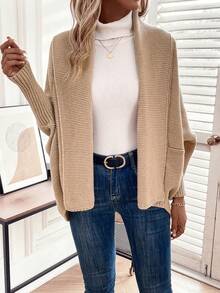 SHEIN LUNE Áo khoác cardigan thiết kế thường ngày tay cánh dơi - Màu Khaki - Xem 4