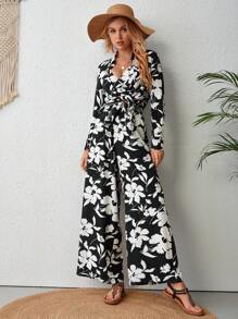 SHEIN VCAY In hoa Crop Cami & Áo sơ mi & Quần ống rộng - Đen và trắng - Xem 2