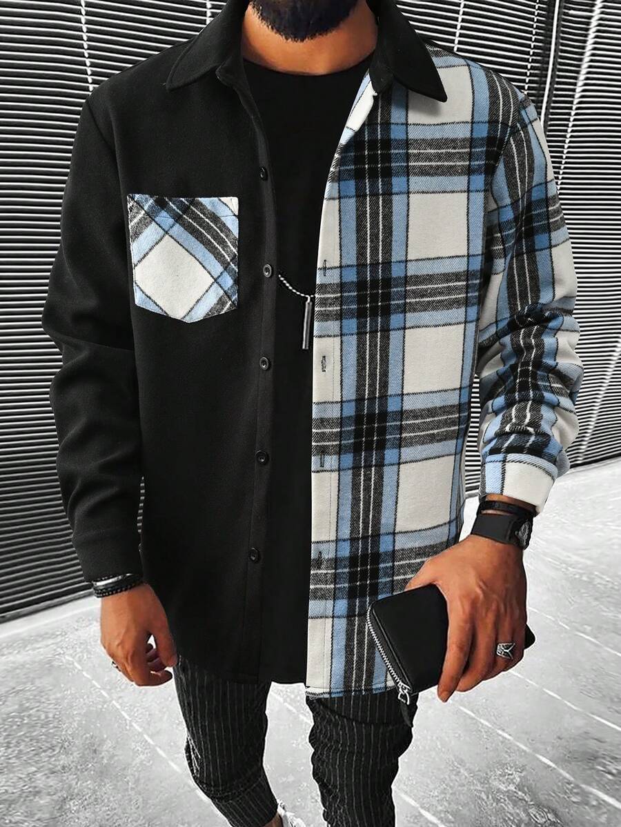 Manfinity 男士拼接格紋印花口袋貼布花呢外套 - 彩色 - 查看 1