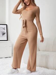 SHEIN Maternity Ribbed Knit Belted Jumpsuit - Khaki - View 5