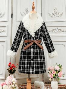 SHEIN Chica preadolescente 1 pieza Abrigo con patrón de cuadros de peluche panel con cinturón tweed