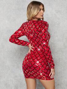 SHEIN BAE Christmas Sequin Decor Bodycon Dress - Red - View 3