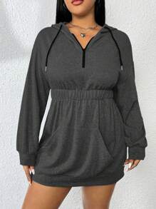 Flirla 大碼袋鼠口袋落肩袖抽繩連帽衛衣裙 - 深灰色 - 查看 4