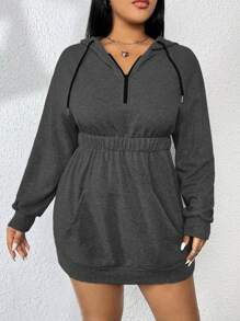 Flirla 大碼袋鼠口袋落肩袖抽繩連帽衛衣裙 - 深灰色 - 查看 7